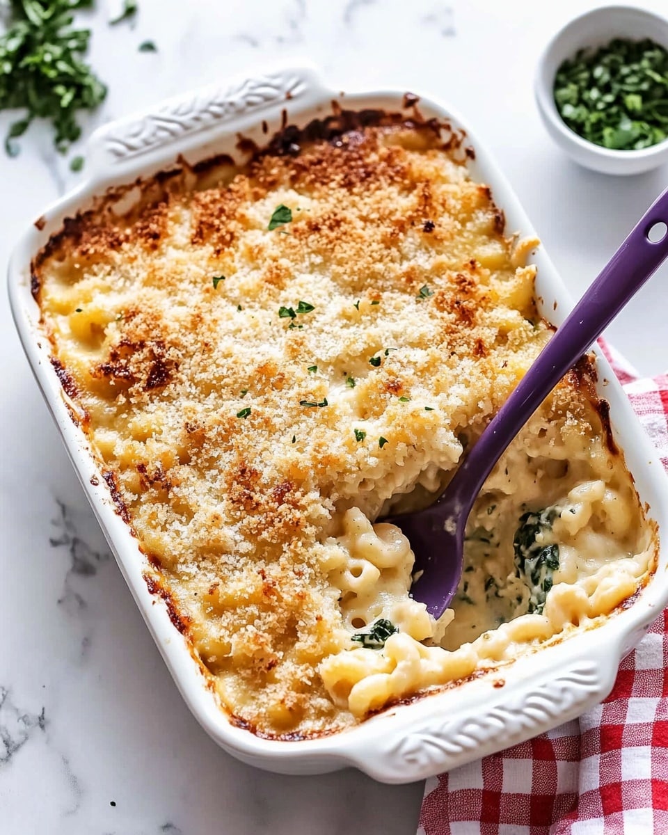 A close-up view of a creamy baked macaroni and cheese with a golden brown crust. The dish has two main layers: the bottom layer is browned and crispy cheese with sprinkled breadcrumbs and chopped green herbs, while the top layer shows soft, pale yellow cooked elbow macaroni covered in melted cheese sauce with bits of greens mixed in. The texture contrasts between the crunchy crust and gooey pasta. A purple spoon scoops some of the cheesy macaroni, lifting it up from a white marbled surface beneath. Photo taken with an iphone --ar 4:5 --v 6.1
