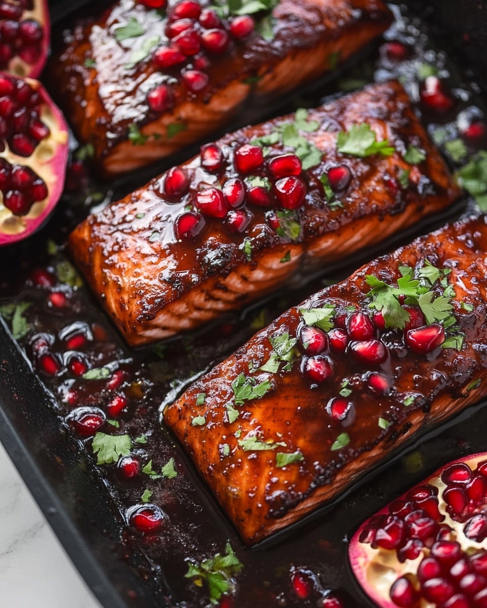 On a white plate, three dark brown grilled fish fillets lie side by side, topped with bright red pomegranate seeds scattered evenly across them. To the left and above the fillets, a mix of roasted green broccoli florets and halved Brussels sprouts is piled high, sprinkled with small toasted pine nuts, showing a mix of green and golden brown colors with charred spots. Around the edges of the plate, several pomegranate halves show their bright red seeds and white pith. A gold spoon with a Brussels sprout sits on the left side of the plate, and a gold fork rests on the right side, both on the white plate. The plate is placed on a white marbled surface. Photo taken with an iphone --ar 4:5 --v 6.1