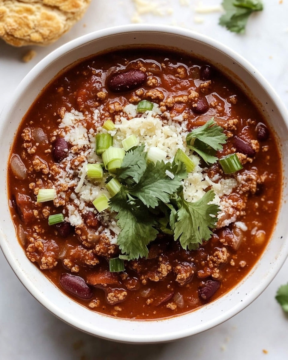A white bowl filled with a rich, dark brown chili made of beans and meat, topped with bright green chopped scallions, fresh cilantro leaves, and a sprinkle of crumbly white cheese. On the right side of the bowl, a piece of soft, golden biscuit rests partially submerged in the chili. The bowl is placed on a white marbled surface scattered with biscuit crumbs and small sprigs of cilantro. Photo taken with an iphone --ar 4:5 --v 6.1