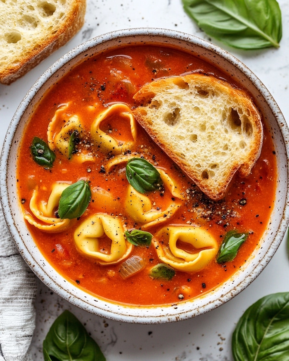 A white bowl filled with rich red tomato soup that has small tortellini pasta floating in it, each pasta piece soft and yellow with folded edges. The soup is topped with fresh green basil leaves scattered across the surface, and small specks of black pepper add texture. A slice of toasted bread with a golden-brown crust leans inside the bowl on the right side, slightly soaking in the soup. The bowl rests on a white marbled textured surface with a soft beige cloth near the bottom edge of the image. Photo taken with an iphone --ar 4:5 --v 6.1
