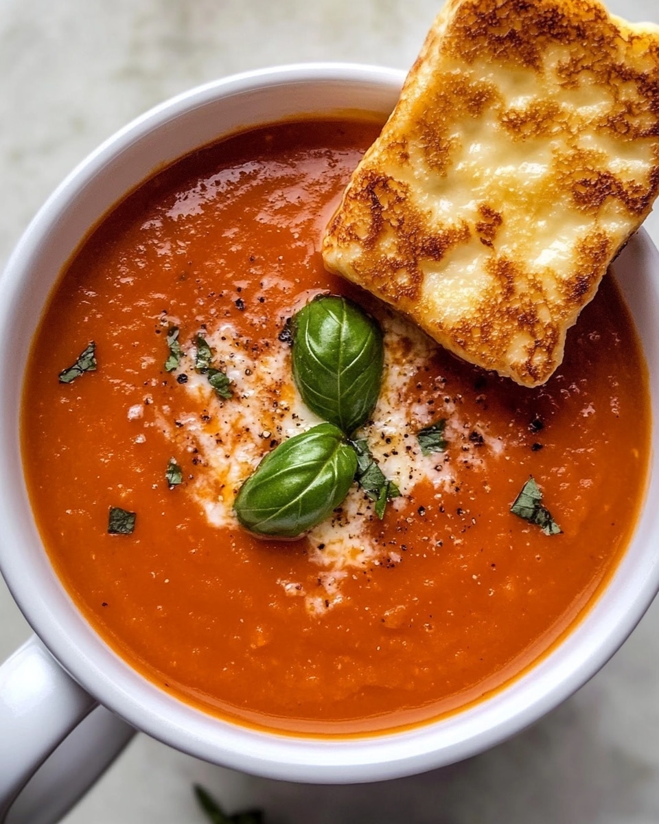 A white cup with a thick orange tomato soup filled almost to the top, sprinkled with fine white grated cheese throughout and three small green basil leaves near the center. On one side of the soup, two golden brown toasted bread pieces with herbs touch the edge of the cup. The cup is placed on a white marbled surface. photo taken with an iphone --ar 4:5 --v 6.1