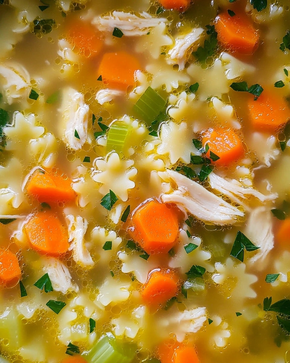 The image shows a close-up of a soup filled with small flower-shaped pasta, thin shredded white chicken, and diced vegetables like orange carrots and light green celery, all mixed in a clear yellow broth with herbs like parsley sprinkled throughout. The colors blend softly with the bright orange of the carrots standing out against the pale pasta and chicken, while tiny flecks of green herbs add a fresh touch. The textures vary from the smooth, soft pasta to the slightly firm diced vegetables and tender chicken strands, all held together by the lightly shimmering broth. The photo taken with an iphone --ar 4:5 --v 6.1