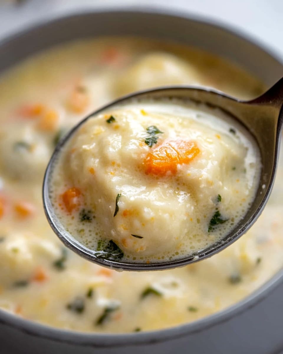 A close-up view of a gray ladle holding a thick creamy soup with chunks of soft pale yellow dumplings surrounded by small orange carrot pieces and bits of green herbs, all suspended in a light cream broth. The background shows more soup in the ladle with the same creamy texture and colorful vegetable pieces, placed on a white marbled surface. Photo taken with an iphone --ar 4:5 --v 6.1
