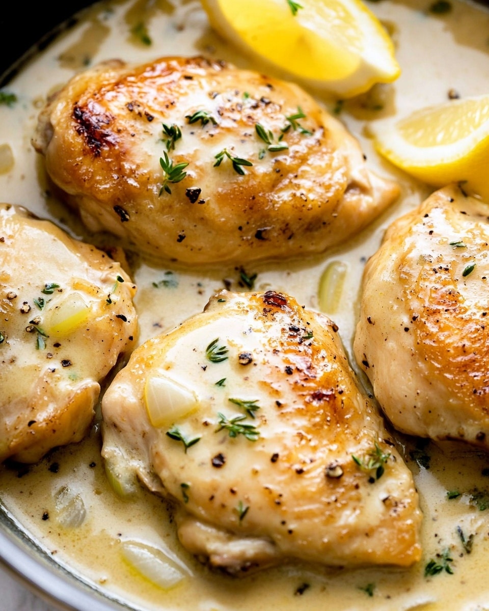 The image shows four light golden brown cooked chicken pieces in a creamy, pale yellow sauce with small bits of onions and herbs. Each chicken piece is coated with the sauce and sprinkled with black pepper and small green herb leaves. Two lemon wedges sit on top of two of the chicken pieces, adding a bright yellow color. The dish is in a pan with a dark rim, and the sauce pools around the chicken with a smooth, slightly thick texture. The white marbled background and close-up angle show the rich and creamy quality of the dish. photo taken with an iphone --ar 4:5 --v 6.1