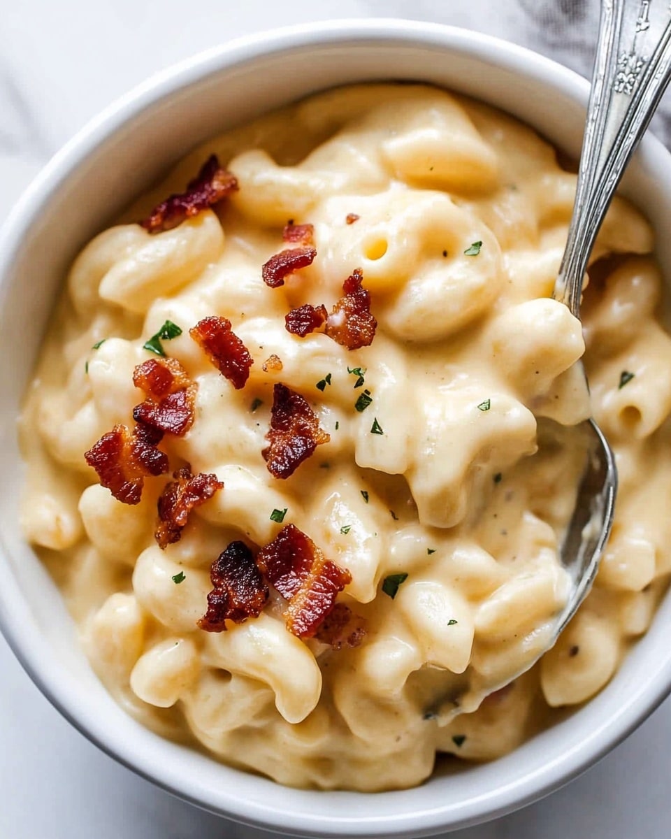 A white bowl filled with creamy macaroni and cheese that has a thick, smooth, light yellow cheese sauce coating soft pasta pieces. Small bits of crispy, browned bacon are scattered on top, adding a darker reddish-brown color. Tiny green herb flakes are also visible on the surface. A silver spoon with a detailed handle is partially dipped in the cheesy pasta. The bowl is placed on a white marbled surface. Photo taken with an iphone --ar 4:5 --v 6.1
