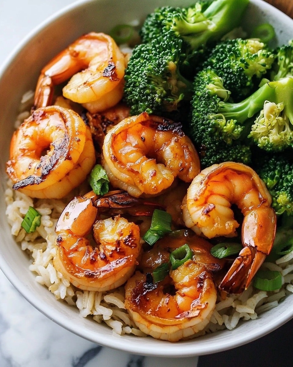 A white bowl filled with three main layers: the bottom layer is light brown cooked rice with a soft texture, the middle layer consists of bright orange grilled shrimp with slight char marks and small green onion pieces scattered on top, and the top right side shows a cluster of vibrant green broccoli florets with a dense texture. The bowl sits on a white marbled surface. photo taken with an iphone --ar 4:5 --v 6.1