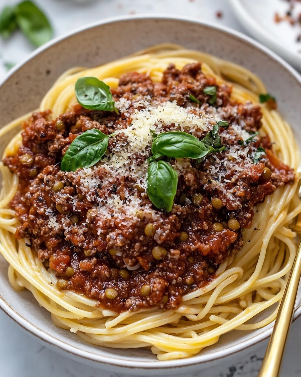 A white plate with textured edges holds a twisted nest of pale yellow spaghetti forming the base layer, topped with a thick, chunky brown-red sauce containing small pieces of vegetables and lentils, sprinkled lightly with grated cheese and red chili flakes. Around the plate, there is a small white bowl with chili flakes on a white marbled surface, and part of a black cup is seen on the top right. The photo taken with an iphone --ar 4:5 --v 6.1