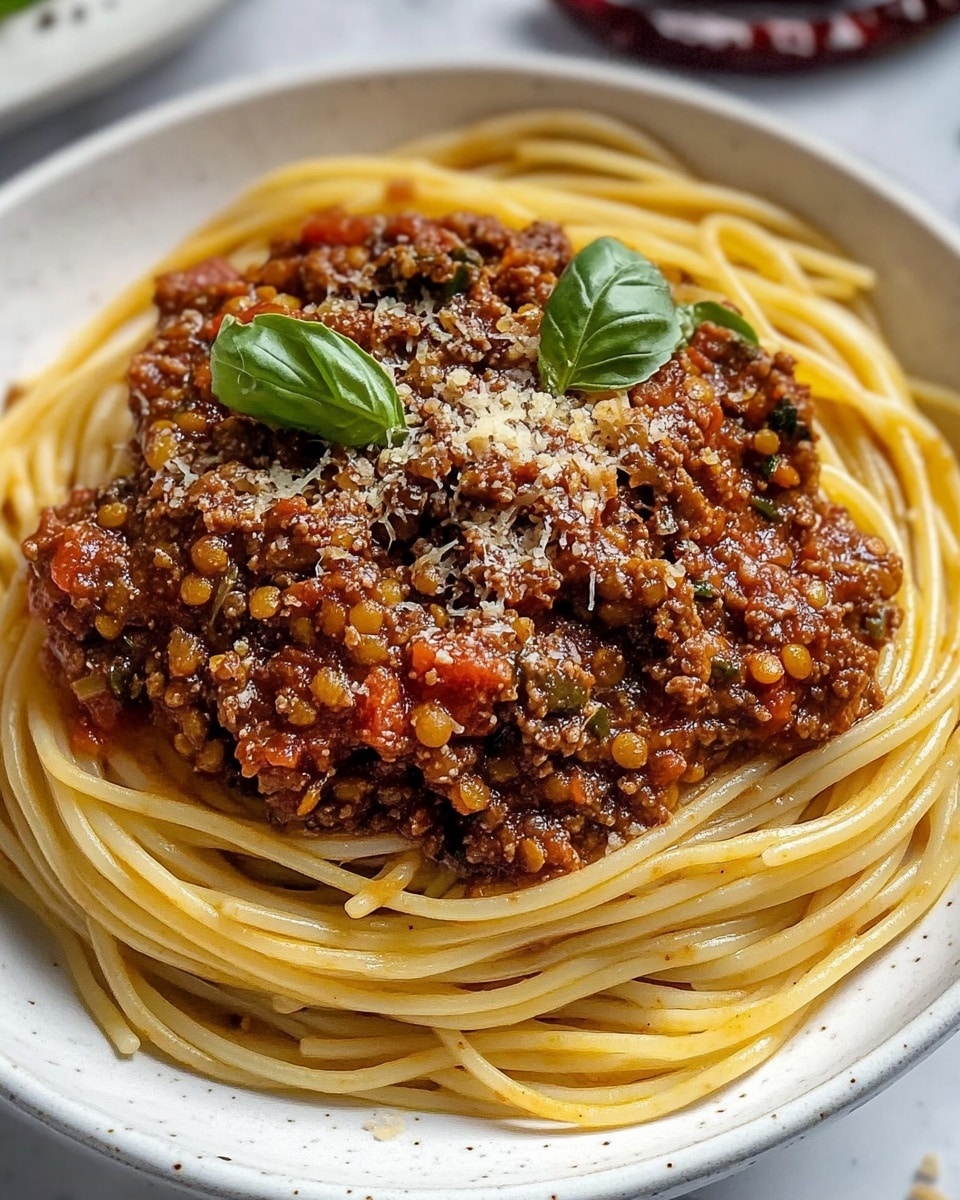 A white textured plate holds a serving of spaghetti pasta arranged in a loose nest shape. On top, there is a thick layer of chunky, dark red tomato sauce mixed with pieces of lentils and small bits of vegetables, garnished with fresh green basil leaves. Grated cheese and black pepper flakes are sprinkled lightly over the spaghetti and sauce. A golden fork rests on the right side of the plate, partly on the pasta. The surface beneath the plate is a white marbled texture, with a small white bowl holding red chili flakes visible in the upper left corner. Photo taken with an iphone --ar 4:5 --v 6.1
