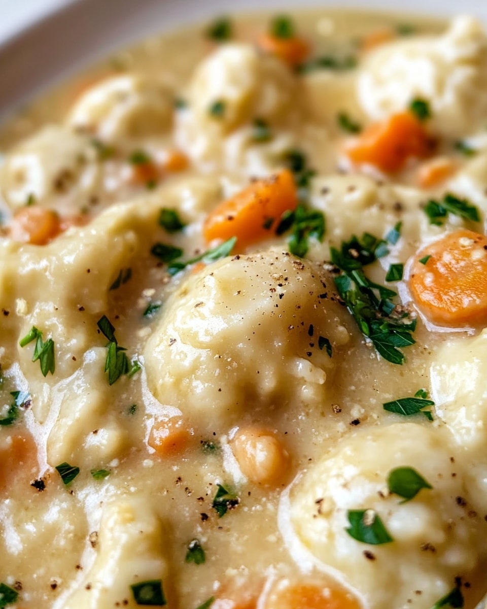 In a purple pot with a handle, there are multiple light yellow soft dumplings floating in a creamy, thick beige broth. Inside the broth, you can see thin slices of bright orange carrots and some small beige chickpeas. The dish is sprinkled with finely chopped green herbs and a few black pepper specks over the top. The pot is placed on a white marbled surface. photo taken with an iphone --ar 4:5 --v 6.1