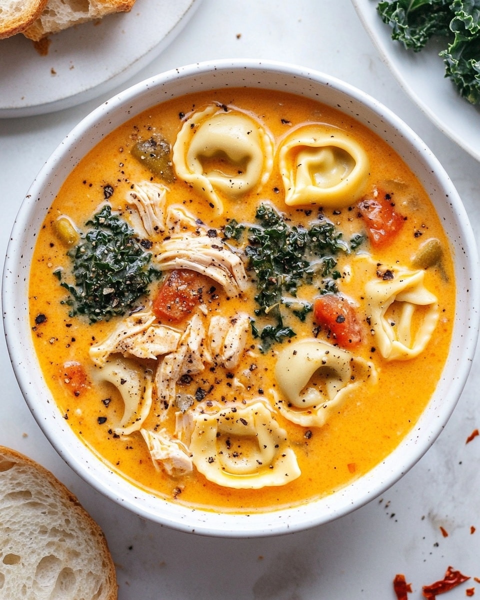 A white bowl filled with creamy orange soup that has small round tortellini pasta floating on top. There are pieces of shredded light brown chicken, dark green kale leaves, and small chunks of red tomato scattered throughout. The soup is sprinkled with black pepper giving it a speckled look. The white marbled surface underneath holds some slices of crusty bread with an airy texture, and part of a white plate with red chili flakes is visible. Photo taken with an iphone --ar 4:5 --v 6.1