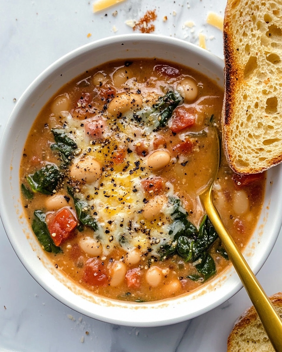 A white bowl filled with creamy soup showing a thick, orange base with visible ingredients like whole white beans, bright red tomato chunks, and dark green spinach leaves mixed throughout. The soup appears hearty with a slightly chunky texture, floating gently inside the bowl, which rests on a white marbled surface. To the bottom right, a toasted slice of bread with a golden-brown crust and melted butter on top is partially visible. Photo taken with an iphone --ar 4:5 --v 6.1