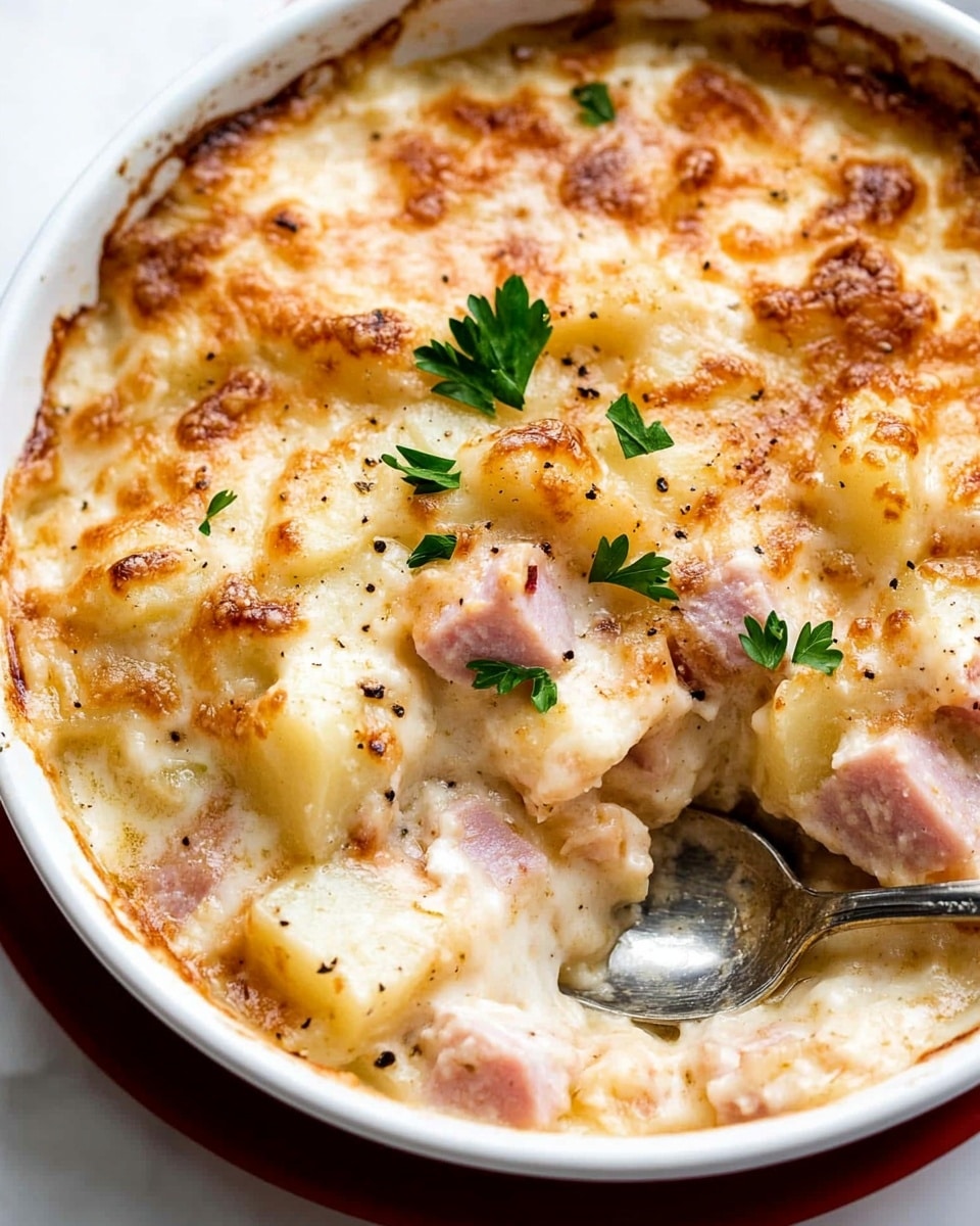 This image shows a close-up of a creamy potato casserole in a white bowl. The dish has three main layers: the bottom layer consists of soft, cubed potatoes in a white cream sauce with a smooth texture; scattered throughout are small cubes of pink ham, adding bits of color and texture in the middle; the top layer is a light brown golden cheese crust with slightly browned spots and small black pepper flakes sprinkled over it. A few green parsley leaves are placed on top as garnish. A silver spoon is partially inserted into the dish on the right side. Everything is placed on a white marbled surface. photo taken with an iphone --ar 4:5 --v 6.1