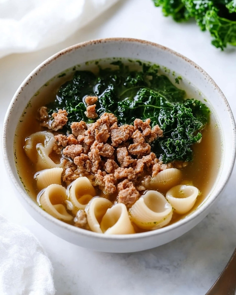A white bowl filled with a clear broth that has three main layers: at the bottom, light beige pasta shells, in the middle, crumbled browned meat, and at the top, bright dark green leafy kale that looks fresh and slightly cooked. The bowl sits on a white marbled surface with a soft focus, and there is a white cloth or paper in the background on the left and the edge of a metal spoon visible on the right side. Photo taken with an iphone --ar 4:5 --v 6.1