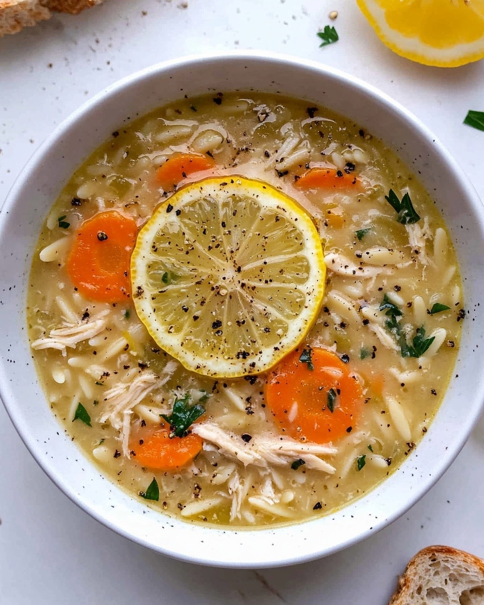 A white bowl filled with creamy chicken soup, showing a thick, light yellow base mixed with small pieces of soft chicken and short pasta. Bright orange carrot slices and bits of green herbs float on top, adding color and texture. The soup looks warm and comforting with some black pepper sprinkled on the surface. The bowl sits on a white marbled texture, and a slice of brown crusty bread rests nearby on the left. Photo taken with an iphone --ar 4:5 --v 6.1