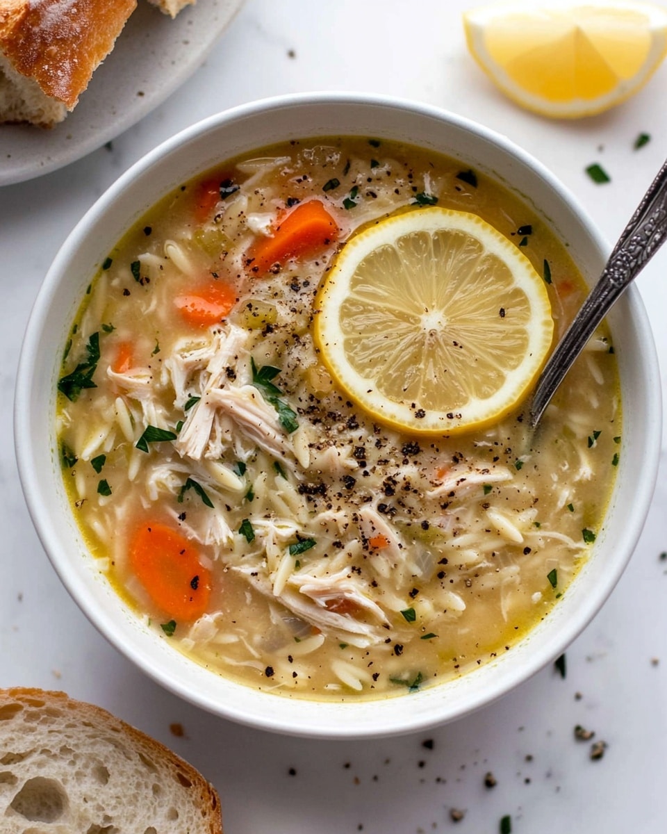 A white bowl filled with creamy chicken soup showing three main layers: the base is thick, pale yellow broth, mixed with tiny chunks of shredded chicken and soft orzo pasta; the next layer has bright orange carrot slices and small green herbs sprinkled all over; on top, a single circular lemon slice rests on one side, with freshly ground black pepper scattered, and a silver spoon placed inside the bowl on the right. The bowl sits on a white marbled surface, with a piece of rustic bread to the bottom left and a lemon wedge at the bottom right, all lit softly from above. Photo taken with an iphone --ar 4:5 --v 6.1