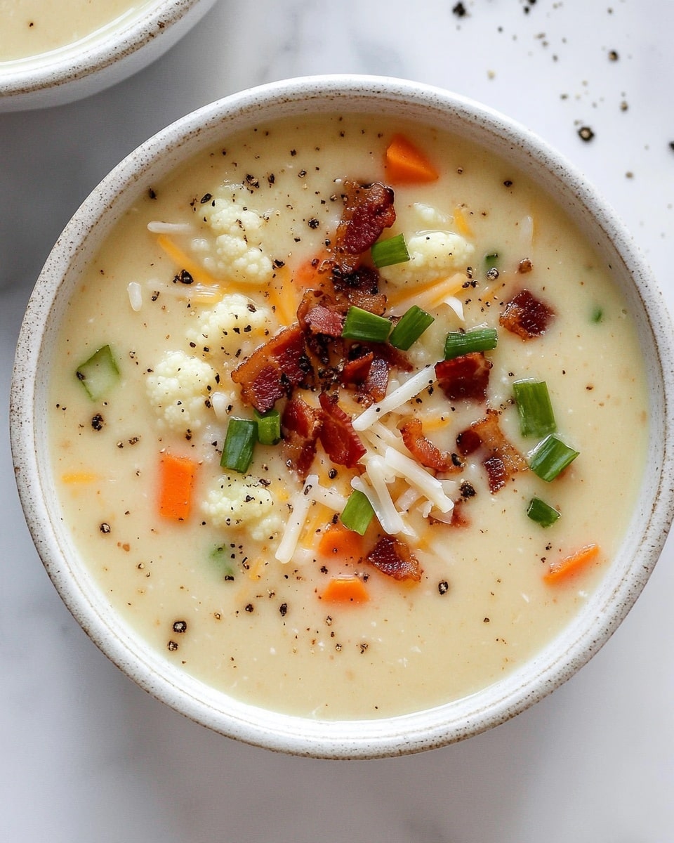A white bowl filled with creamy light beige soup showing layers of small orange carrot pieces, white cauliflower bits, and green chopped scallions spread throughout. On top, there is a sprinkle of dark reddish-brown crispy bacon pieces and finely shredded light yellow cheese, creating a contrast with the smooth soup base. Black pepper flakes are scattered on and around the soup surface, adding texture. The bowl is placed on a white marbled surface, adding a soft touch to the scene. Photo taken with an iphone --ar 4:5 --v 6.1