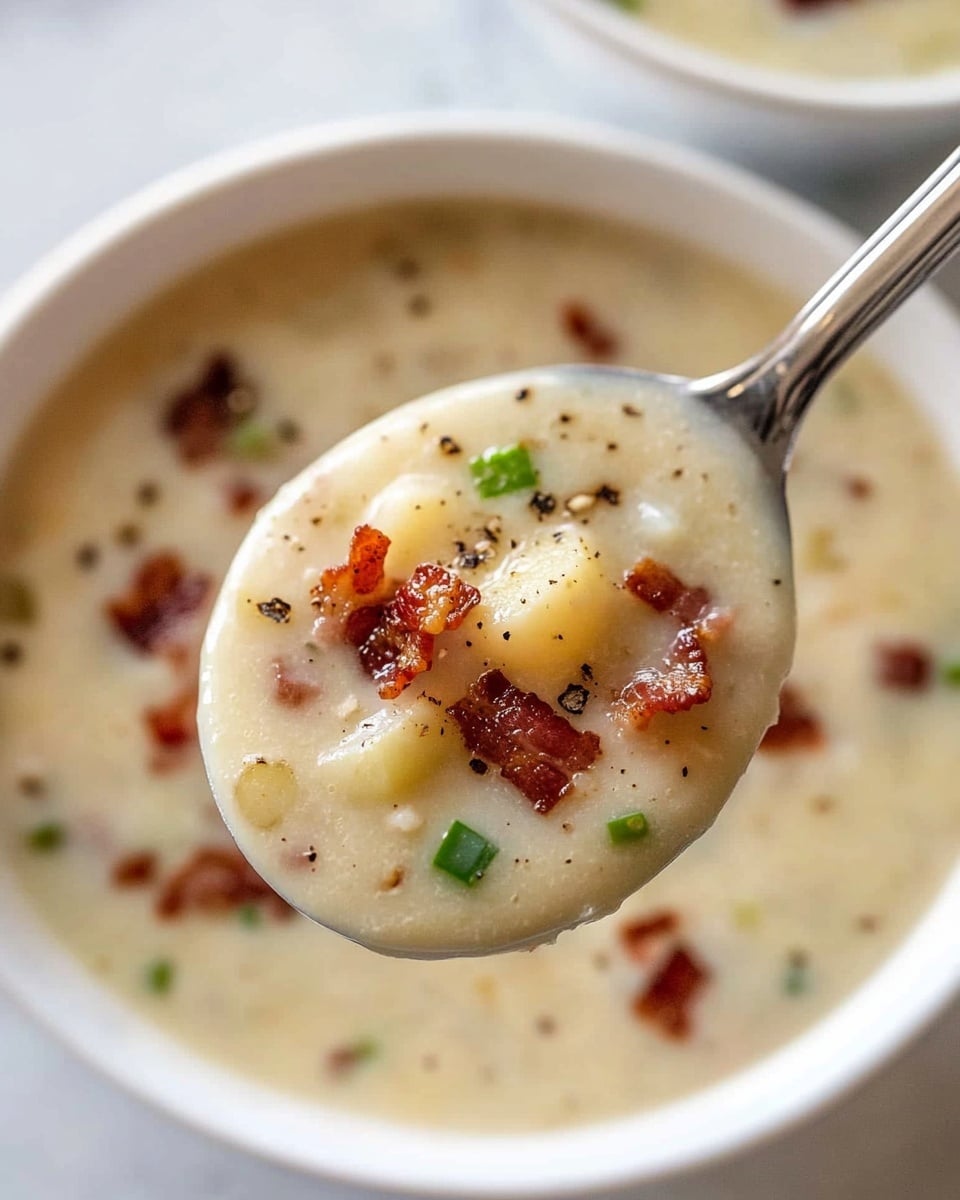 A close-up shows a silver spoon holding creamy soup with visible chunks of white potatoes and pieces of crispy, dark brown bacon, along with small green bits of chopped scallions. The soup is thick and pale yellow in color, filling a white bowl below, which is sitting on a white marbled surface. The soup inside the bowl also shows more bacon crumbles and scallions scattered on top, with a smooth, rich texture. Photo taken with an iphone --ar 4:5 --v 6.1