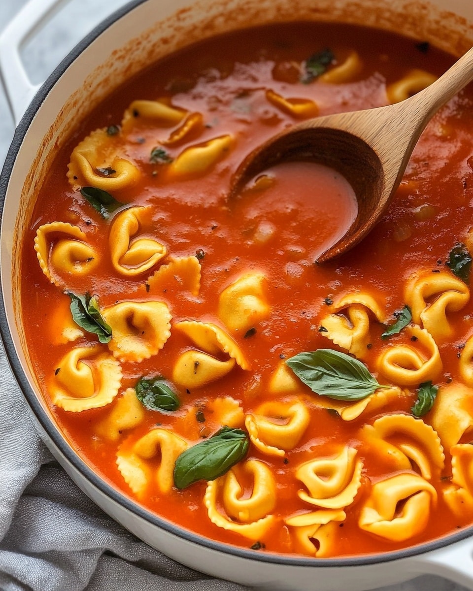A large white pot filled with bright red tomato soup, with many yellow tortellini pasta floating on top. The soup looks smooth and rich, with a few small green basil leaves sprinkled over the surface. A long wooden spoon with a round scoop rests inside the pot, its handle leaning on the edge. Some soup sticks lightly to the pot's rim, showing a thick texture. The pot sits on a soft gray cloth and a white marbled surface underneath. photo taken with an iphone --ar 4:5 --v 6.1