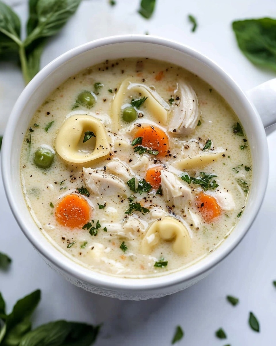 A dark metal pan filled with creamy chicken soup. The soup has many layers of creamy white broth with small pieces of orange carrots, green celery, shredded white chicken, and small pasta rings. Bright green herb leaves are scattered on top, adding color and freshness. The surface under the pan is a white marbled texture with a white cloth partially visible. The soup looks rich, thick, and comforting. Photo taken with an iphone --ar 4:5 --v 6.1