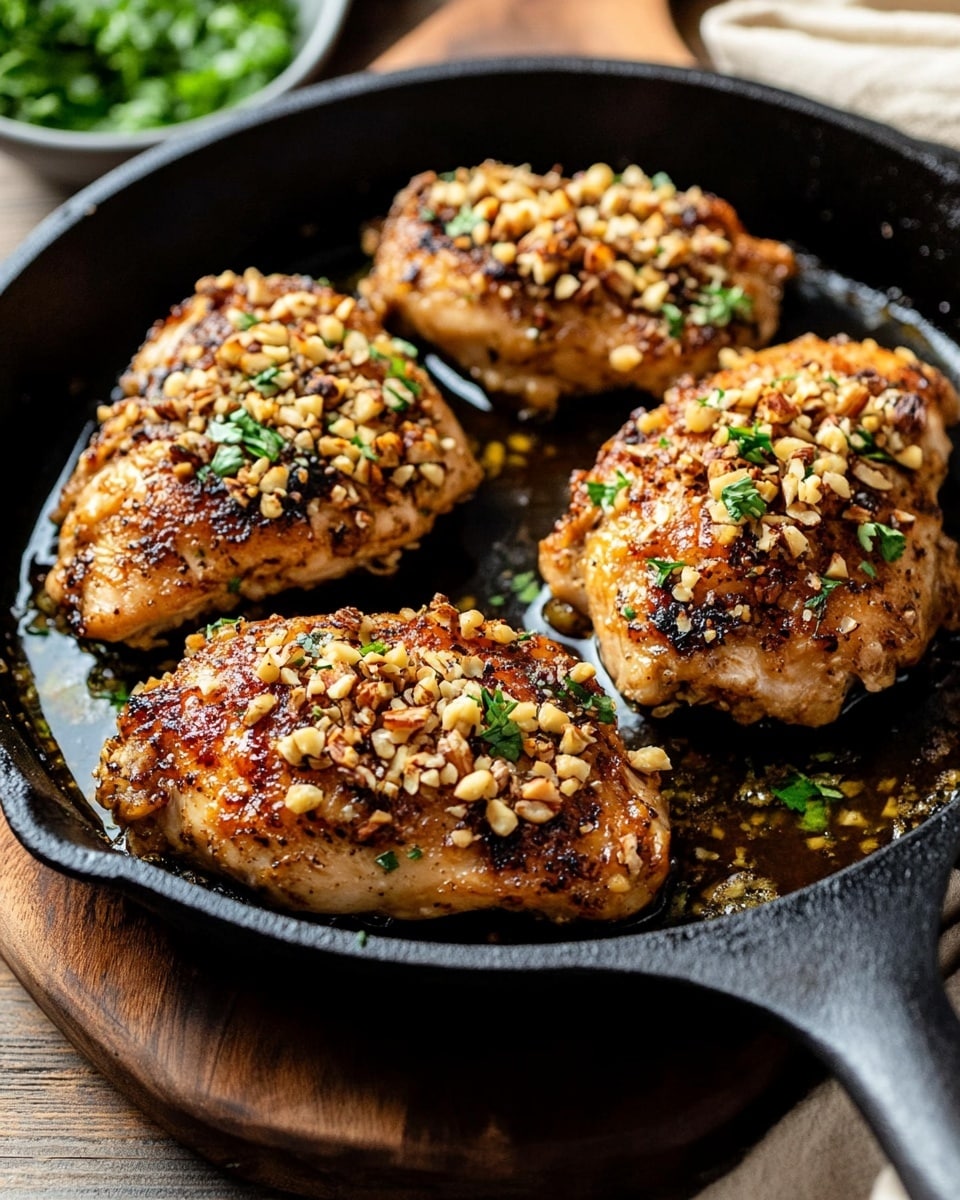 On a white plate with a ridged edge, there are two pieces of chicken showing three layers: the bottom layer is light golden cooked chicken, the middle layer is a slice revealing the tender inside, and the top layer is a chunky, brown nut topping with a glossy shimmer, garnished with small bits of green herbs. To the top right of the chicken, there are several stalks of bright green asparagus laid side by side with a fresh, smooth texture. A fork rests on the lower right edge of the plate, and the whole scene is set on a white marbled surface. Photo taken with an iphone --ar 4:5 --v 6.1