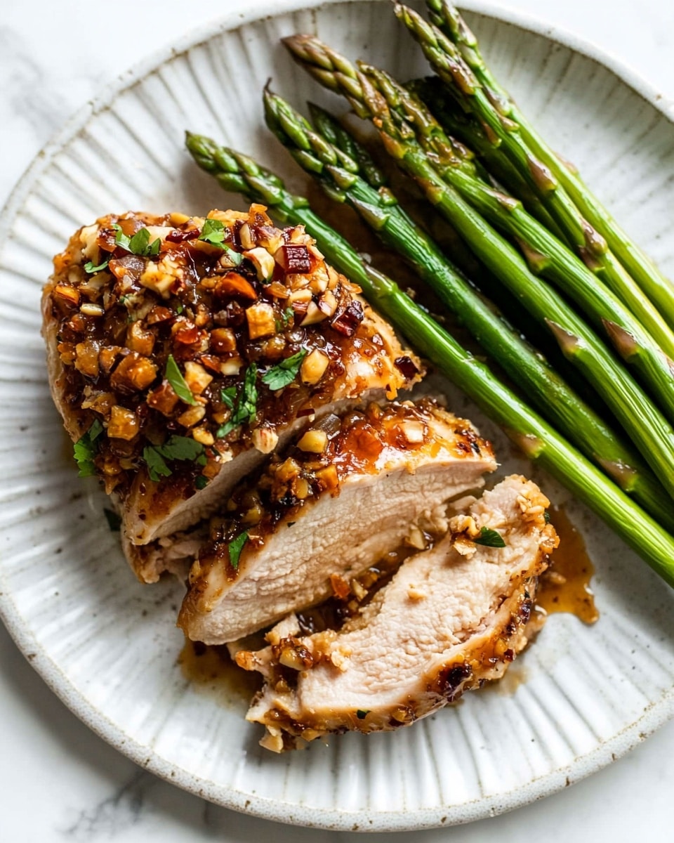 The image shows four pieces of cooked chicken in a black cast iron skillet. Each piece is covered with a thick layer of chopped nuts that are toasted golden brown. The nuts have a crunchy texture and small bits of fresh green herbs sprinkled on top. The skillet sits on a wooden board with a small bowl of green chopped herbs in the background. The light shines on the juicy, slightly shiny chicken and the crunchy nut topping, making the colors warm and inviting. Photo taken with an iphone --ar 4:5 --v 6.1