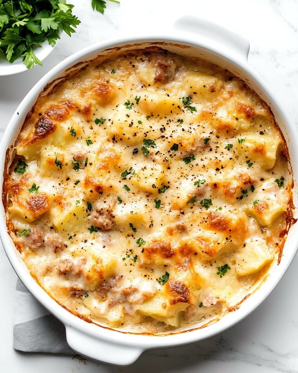 A round white dish filled with a creamy, chunky casserole that has a golden-brown melted cheese layer on top. Underneath this top layer, visible pieces of light yellow potatoes and small bits of pinkish meat peek through, mixed in a thick, creamy sauce. Small specks of black pepper and fresh green parsley leaves are sprinkled over the top, adding a bit of color contrast. Next to the dish, a small white bowl holds fresh green parsley leaves, all placed on a white marbled surface. photo taken with an iphone --ar 4:5 --v 6.1