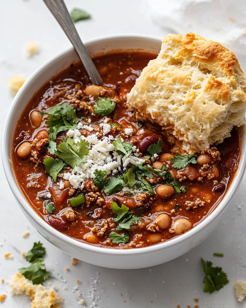 A white bowl filled with thick chili that has dark red sauce and visible reddish-brown beans and ground meat mixed together. On top, there is a layer of white grated cheese sprinkled finely over the chili. Fresh, bright green chopped scallions are scattered lightly, along with a fresh bunch of vibrant green cilantro leaves placed in the center. The bowl is set on a white marbled texture surface with some crumbs and a piece of biscuit at the top right corner. photo taken with an iphone --ar 4:5 --v 6.1