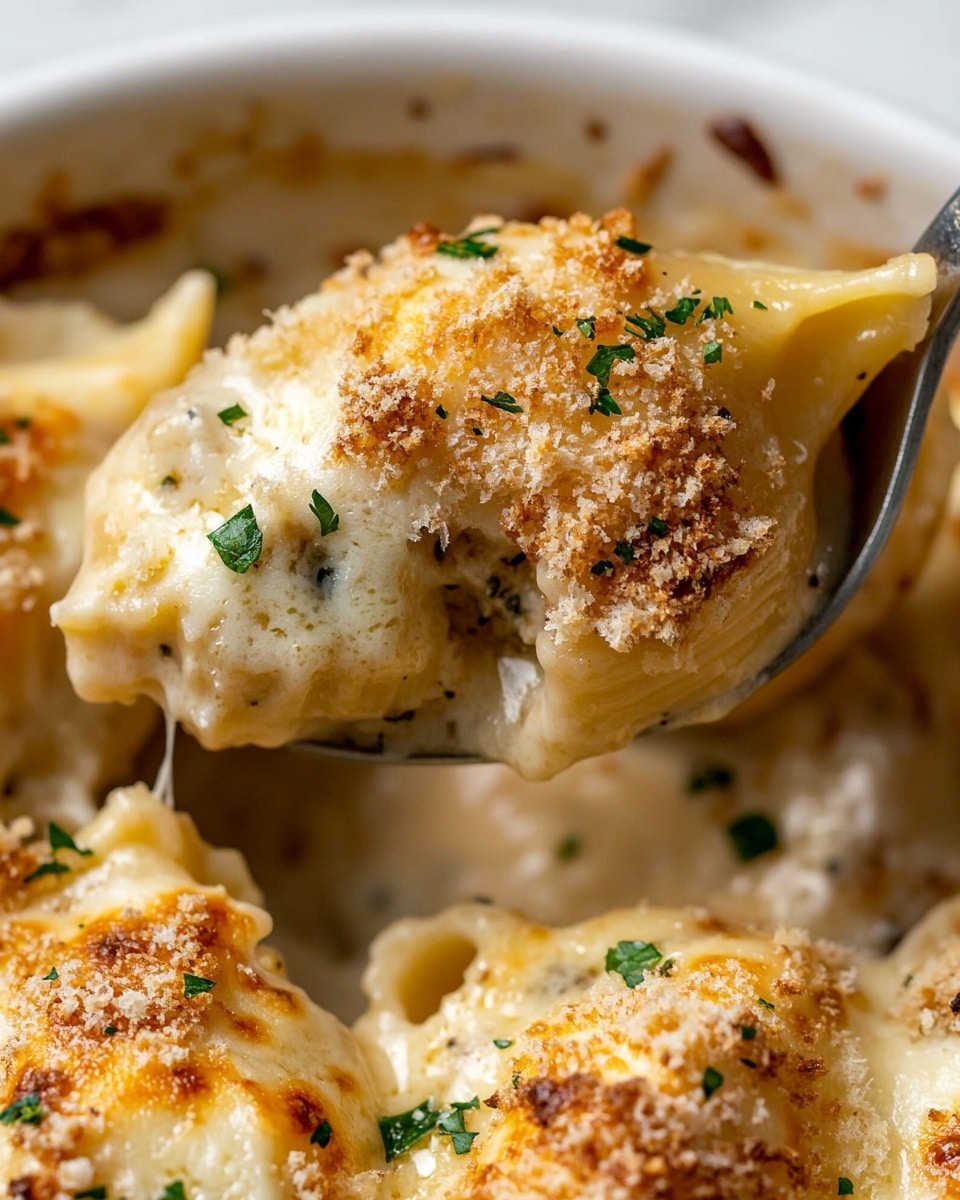 This image shows a close-up of a white pot filled with a creamy baked pasta dish. The dish has two main layers visible: the bottom is covered with a thick creamy sauce, light tan in color, and the top layer consists of large pasta shells stuffed with filling, coated in melted light golden cheese with some browned spots. The shells are sprinkled with green herbs and light breadcrumbs for texture. The pot is resting on a white marbled surface. Photo taken with an iphone --ar 4:5 --v 6.1