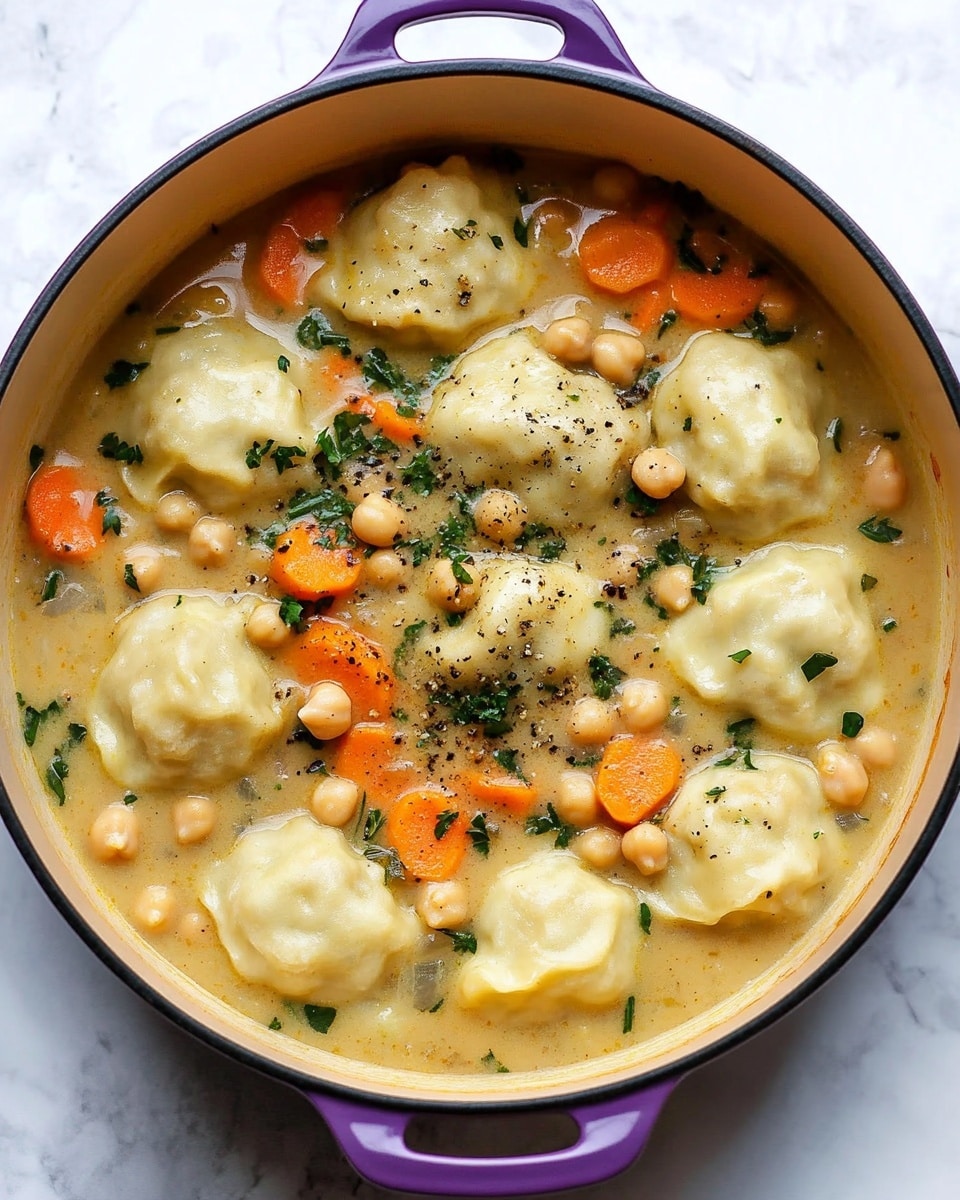 The dish shows a close-up of creamy white dumplings with a soft, slightly bumpy texture, scattered throughout a thick, pale sauce. Mixed in the sauce are small round beige beans and thin slices of bright orange carrots. Fresh green parsley pieces are sprinkled over the surface, adding vibrant color contrast. The dish is speckled lightly with ground black pepper, adding texture and depth. The background is a clean white marbled surface. photo taken with an iphone --ar 4:5 --v 6.1