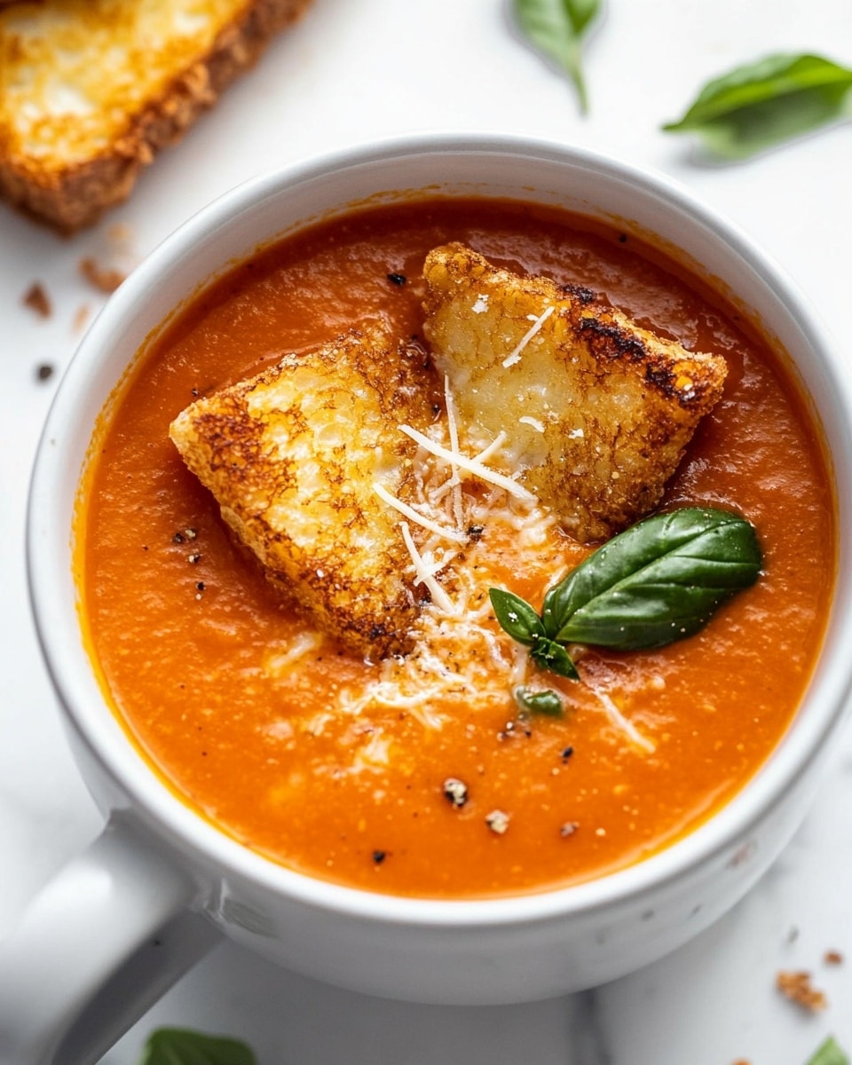 A white cup filled with smooth, bright orange tomato soup, topped with small sprinkles of shredded cheese and a few fresh green basil leaves scattered on the surface. One crispy, golden-brown breadstick is dipped into the soup, partially submerged, with a bite taken from the tip of another breadstick resting inside the soup. The background shows a white marbled surface with a few more breadsticks placed casually and some scattered basil leaves, giving a fresh and clean look. photo taken with an iphone --ar 4:5 --v 6.1