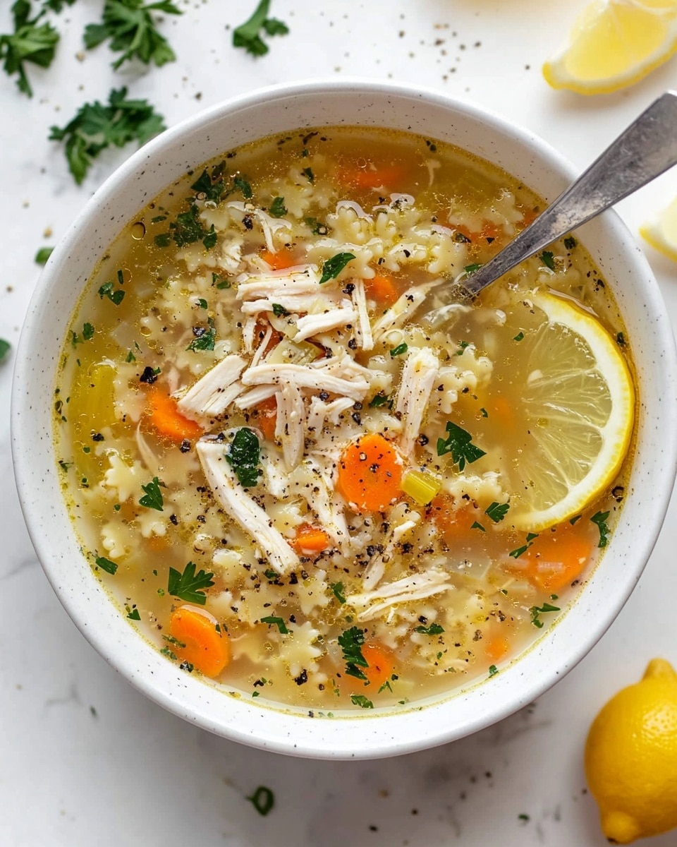 The image shows a close-up of a spoonful of soup resting in a white bowl with a white marbled surface beneath. The soup has a mostly yellow broth with small chunks of orange carrot, green celery, and bits of white shredded chicken. There are small round pasta pieces mixed throughout the broth, giving it a slightly grainy texture. Some small green herbs are scattered inside the soup, adding a touch of color and freshness. The spoon is silver and shiny, partially submerged in the warm broth, capturing a good mix of all ingredients in the frame. photo taken with an iphone --ar 4:5 --v 6.1