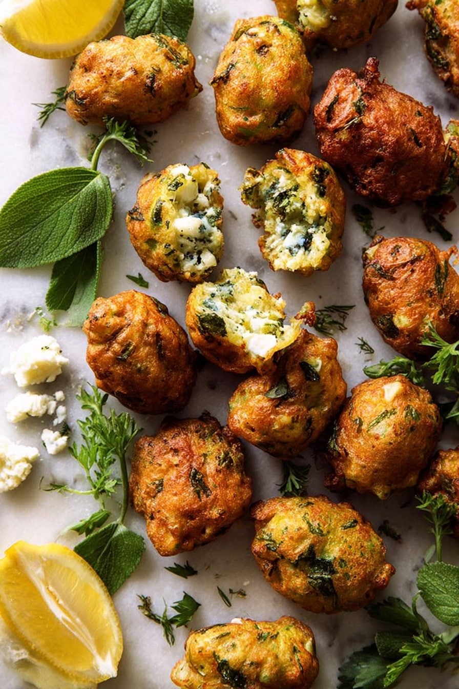 Greek Zucchini Tots, Greek Zucchini Tots recipe, zucchini appetizers, Mediterranean zucchini bites, crispy zucchini snacks - The image shows many small, golden-brown fritters with a crispy texture, mixed with visible green herbs and bits of white cheese inside. Some fritters are whole, while one is broken open, showing a soft, moist inside with green and white specks. The fritters are scattered on a white marbled surface, surrounded by fresh green herb leaves and small crumbly white cheese pieces. A few bright yellow lemon wedges sit to the side, adding a fresh contrast. The whole scene has warm, natural light and a cozy feel. Photo taken with an iphone --ar 2:3 --v 7