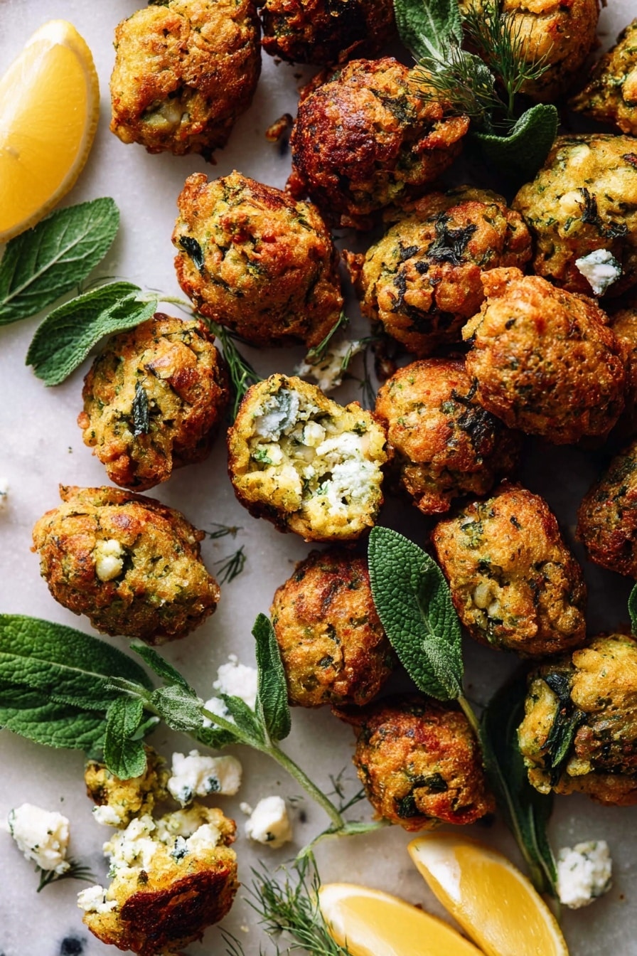 Greek Zucchini Tots, Greek Zucchini Tots recipe, zucchini appetizers, Mediterranean zucchini bites, crispy zucchini snacks - A woman's hand is holding a golden brown falafel ball with a crispy texture, dipping it into a white bowl filled with creamy, herb-speckled yogurt sauce. The falafel has small green bits visible inside and a crunchy outer layer. Behind the bowl, there is a blurred lemon wedge adding a fresh yellow hint. The bowl is white and sits on a white marbled surface, with more falafel balls slightly out of focus in the background. photo taken with an iphone --ar 2:3 --v 7