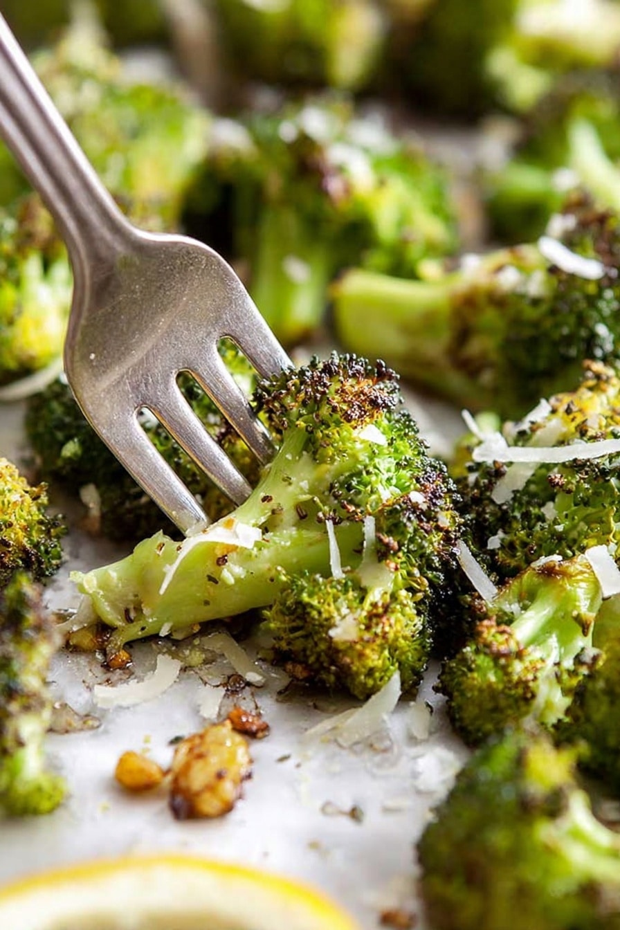 Magic Broccoli, roasted broccoli with garlic and lemon, cheesy broccoli side dish, healthy vegetable side, easy broccoli recipe - The image shows roasted broccoli pieces with a bright green color and slightly dark, crispy edges on top, arranged on a white marbled surface. There are small bits of golden-brown garlic scattered around the broccoli. A silver fork is piercing into one broccoli floret, with small shreds of white cheese on top. The lighting highlights the texture and freshness of the broccoli, with a blurred lemon slice visible at the bottom. Photo taken with an iphone --ar 2:3 --v 7