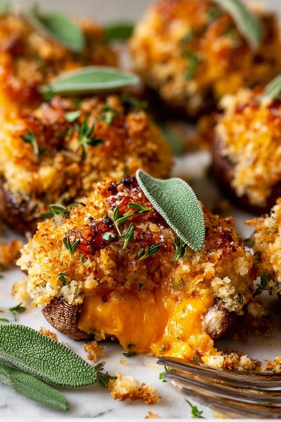 Holiday Stuffed Sweet Potato, holiday sweet potato casserole, festive sweet potato recipes, cozy holiday side dish, easy holiday sweet potato - The image shows several pieces of stuffed mushrooms on a white marbled surface. Each mushroom has three main layers: the bottom dark brown mushroom cap, the middle bright orange melted cheese filling that looks soft and creamy, and the top layer of crunchy, golden-brown breadcrumb topping with small bits of red and green herbs. Fresh green sage leaves are placed on top of each mushroom, adding a fresh color contrast. In front of the mushrooms, a silver fork is partially visible. The photo is focused on the front mushroom, which is slightly broken open to show the cheesy filling inside. Photo taken with an iphone --ar 2:3 --v 7