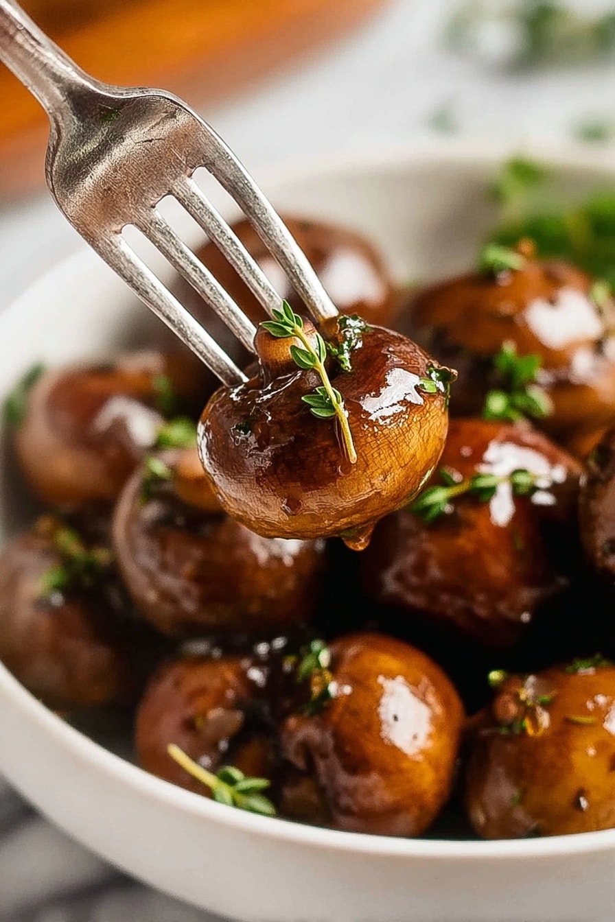 Balsamic Marinated Mushrooms, mushroom marinade, flavorful mushroom recipes, easy mushroom side dish, marinated mushroom appetizer - Two shiny brown mushrooms covered in a glossy sauce are pierced by a metal fork and sprinkled with small green herb leaves. In the background, there are many more mushrooms with similar light reflections and green herbs, all placed inside a white bowl on a white marbled surface. The focus is on the mushrooms on the fork, showing their smooth, glossy texture clearly while the rest are softly blurred. photo taken with an iphone --ar 2:3 --v 7