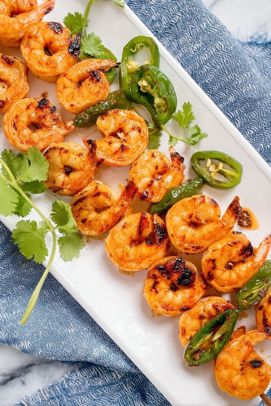 Jalapeño Lime Shrimp, spicy shrimp recipes, easy seafood dinner, citrus marinated shrimp, quick shrimp skillet - A rectangular white plate holds two skewers filled with grilled shrimp that have a light orange color with charred black marks, arranged in a slightly curved pattern. Between the shrimp, there are bright green grilled jalapeño slices, showing some grilled spots on their surface. On the side of the plate, there is a small sprig of fresh green cilantro adding a pop of color. The background is a white marbled texture, and the plate is set next to a blue and white striped cloth. photo taken with an iphone --ar 2:3 --v 7