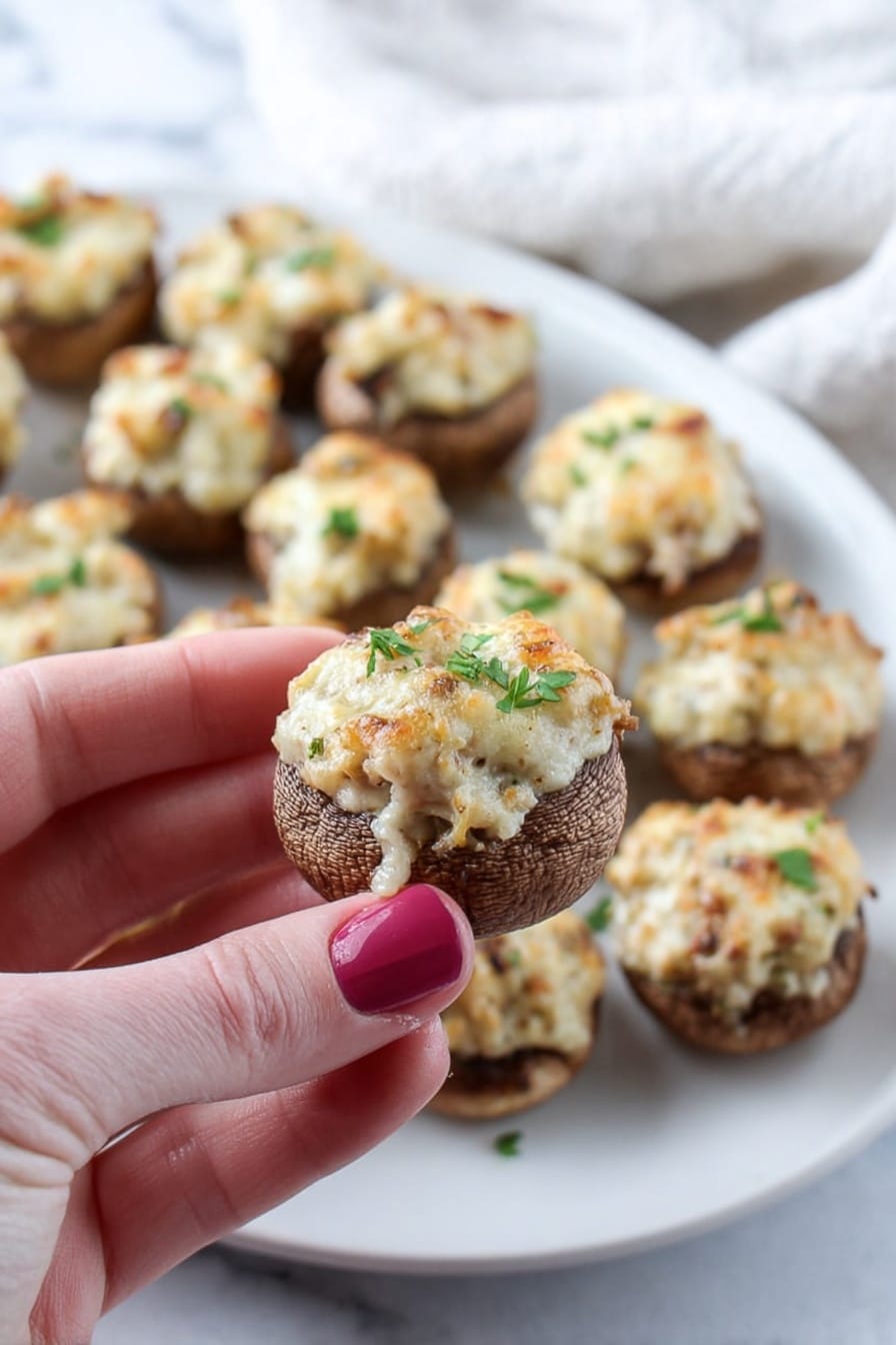Artichoke Stuffed Mushrooms, stuffed mushroom appetizer, savory mushroom recipes, easy party appetizers, creamy mushroom stuffing - The image shows a white plate with around 15 stuffed mushrooms arranged in a loose pattern. Each mushroom has a dark brown base with a creamy, light beige filling on top, slightly browned and bubbly from baking. The tops are uneven and textured, with some golden-brown spots indicating melted cheese. Small pieces of green herbs, likely parsley, are sprinkled on the mushrooms and around the plate, adding a fresh contrast to the beige and brown colors. The background is a white marbled surface with a white cloth napkin partially visible on the left side. photo taken with an iphone --ar 2:3 --v 7