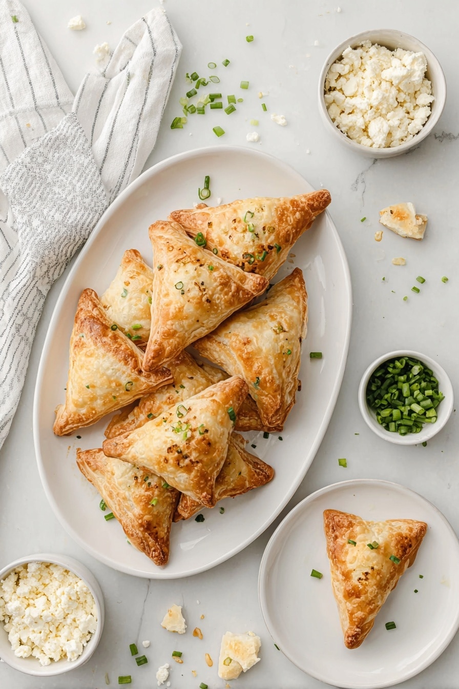 Cheese Pockets, savory cheese snacks, easy appetizer ideas, flaky pastry bites, feta and green onion pastries - The image shows a white round plate on a white marbled surface, holding one golden-brown triangular pastry with a flaky texture. There are small green onion pieces and a few white cheese crumbs scattered around the pastry on the plate. In the background, there is a white bowl with more triangular pastries, and two small white bowls – one with more green onions and another with crumbled white cheese. A gray and white striped cloth is partially visible to the left side of the plate. photo taken with an iphone --ar 2:3 --v 7