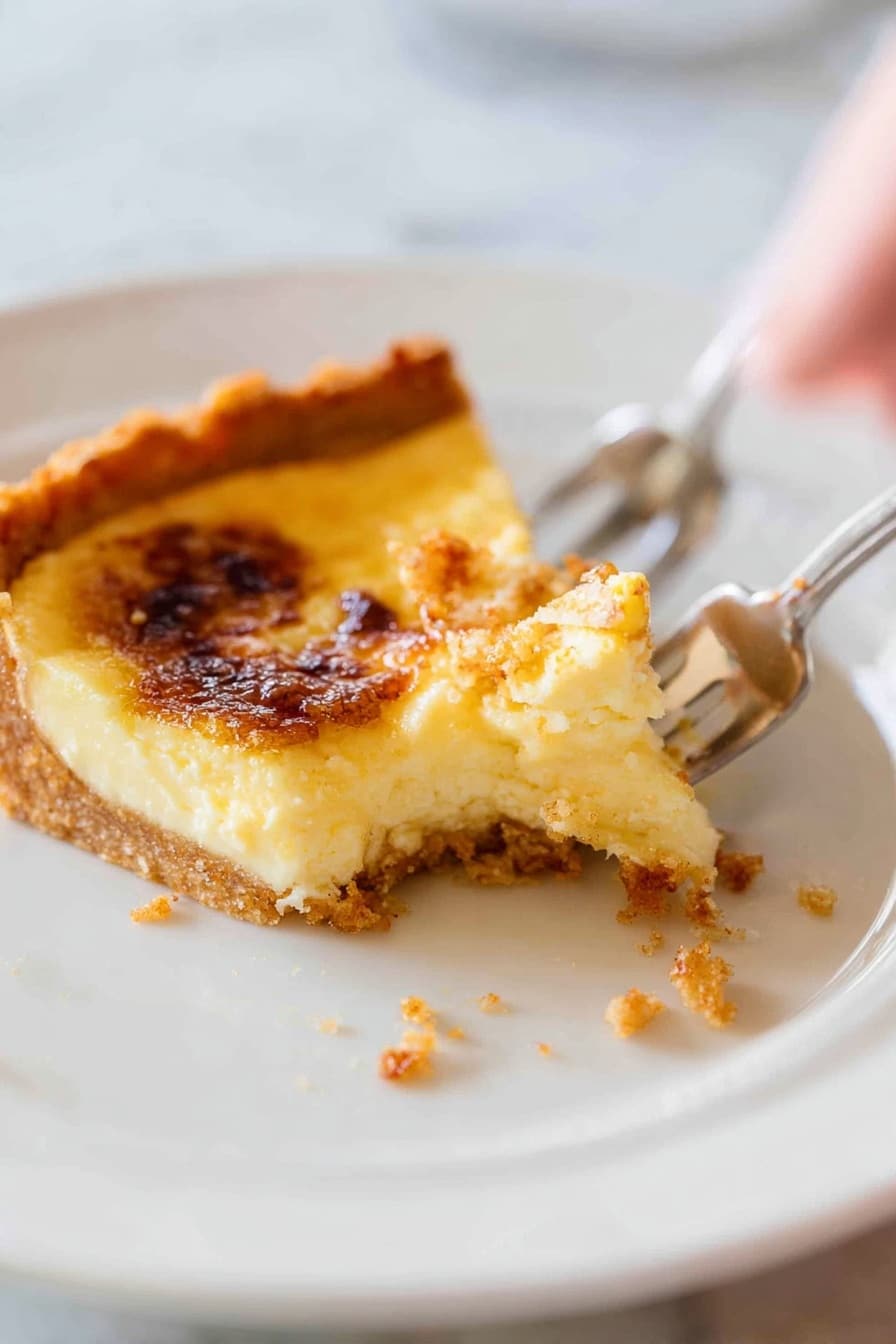 Quiche Lorraine, French quiche recipes, savory brunch ideas, bacon and cheese quiche, classic French dishes - The image shows a close-up of a half-eaten tart on a white plate placed on a white marbled surface. The tart has three layers: a thick, golden brown crunchy crust on the bottom and sides, a soft and creamy light yellow filling in the middle, and a slightly browned top layer with small dark brown bits scattered on it. There are small crumbs from the crust on the plate. A silver fork is upside down on the plate beside the tart, and a woman's hand is holding the fork from the top right corner. photo taken with an iphone --ar 2:3 --v 7