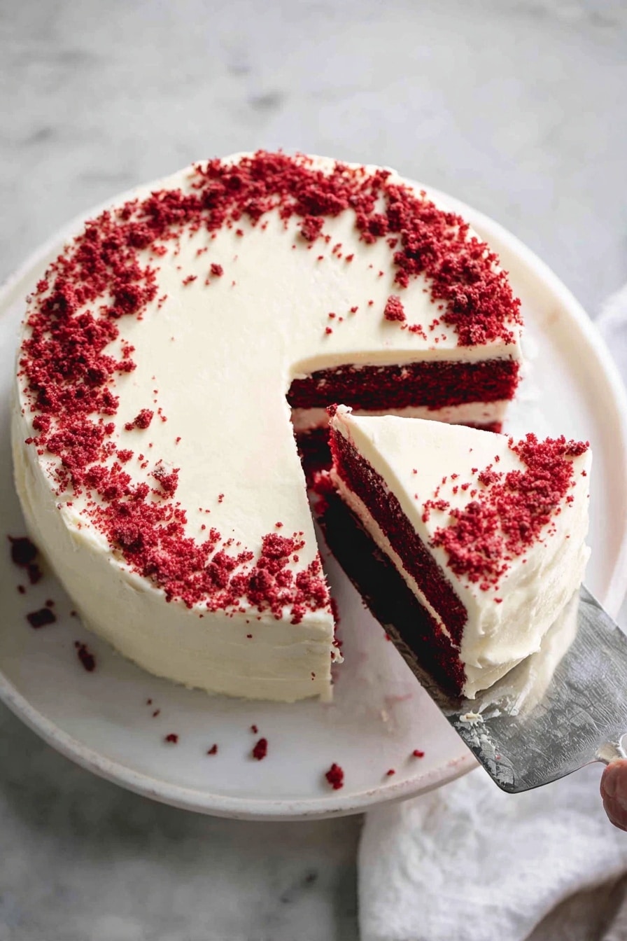 Red Velvet Cake, Red Velvet Cake Recipe, Moist Red Velvet Cake, Classic Red Velvet, Easy Red Velvet Cake - A round, two-layer red velvet cake sits on a white plate with a white marbled surface background. The cake has smooth, creamy white frosting covering the top and sides. Red cake crumbs are sprinkled around the outer edge of the top layer, creating a soft border. A single slice is being lifted from the cake, showing the deep red color of the two cake layers separated by the white frosting layer in between. The top of the lifted slice is also covered with white frosting and red crumbs. A woman's hand holds the slice with a silver cake server. Photo taken with an iphone --ar 2:3 --v 7