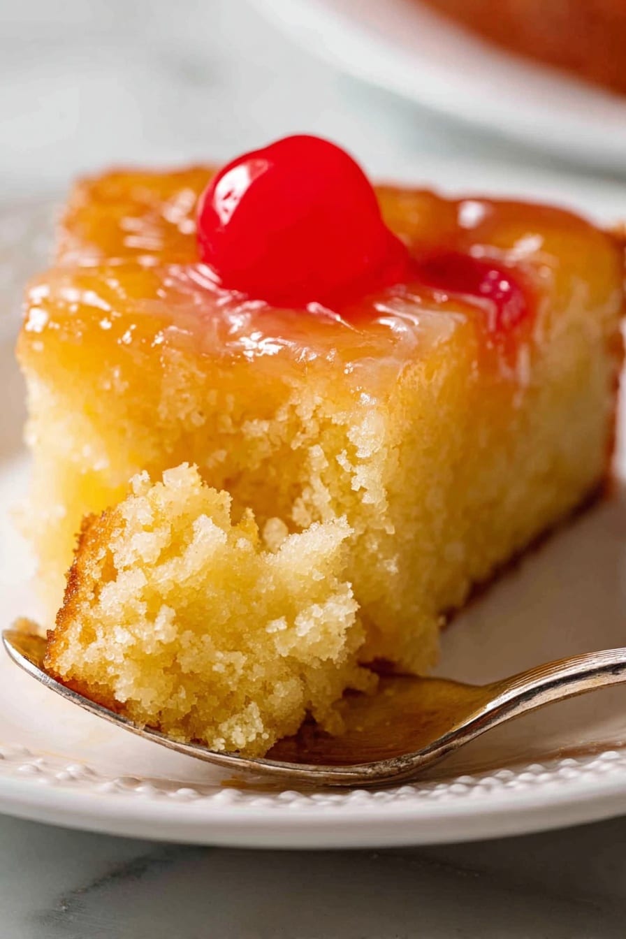 Pineapple Upside Down Cake, pineapple upside down cake recipe, tropical cake, caramelized pineapple cake, easy pineapple cake - A close-up view of a single slice of golden yellow cake with a moist texture, topped with a shiny translucent glaze that gives a sticky appearance. The top center of the cake slice holds a bright red round cherry. The cake rests on a white plate with a subtle pattern around the edge. A silver spoon is scooping a piece of the cake, showing its soft, crumbly inside. The background is a white marbled surface. photo taken with an iphone --ar 2:3 --v 7