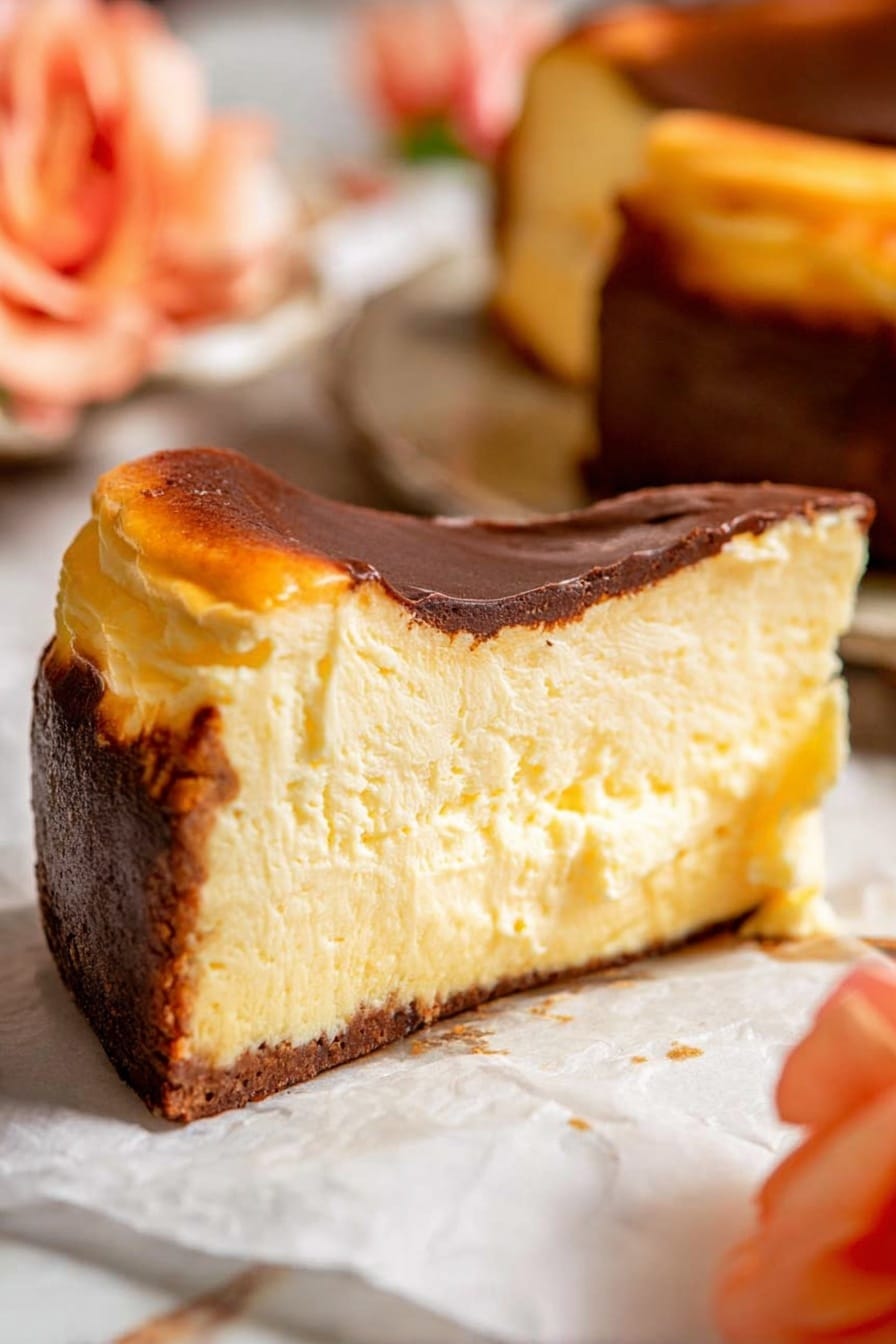 Basque Cheesecake, Basque Cheesecake Recipe, Burnt Cheesecake, Rustic Cheesecake, Creamy Baked Cheesecake - A round burnt cheesecake with a smooth, dark brown top that has a slightly shiny texture, sitting on crumpled parchment paper with burnt marks around the cake edges. The cheesecake shows a creamy yellow body beneath the darker top layer, with some parts of the parchment paper sticking out behind it. The whole scene rests on a white marbled surface. photo taken with an iphone --ar 2:3 --v 7