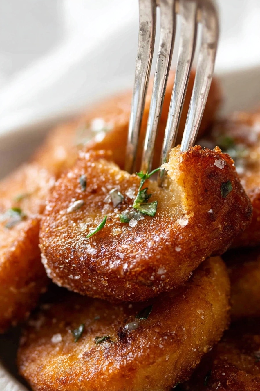 Duck Fat Potatoes, Crispy Roast Potatoes, Best Roast Potatoes, Easy Roast Potato Recipe, Golden Roast Potatoes - The image shows a close-up of a pile of golden-brown fried rounds stacked closely together on a white marbled surface. The main focus is on one crispy, textured round in the center, which has a rough, crunchy surface sprinkled with coarse salt and small green herb pieces. A silver fork with four thin prongs presses gently into the top of this round, slightly breaking the surface to reveal a softer inside. The background is softly blurred, highlighting the crispiness and warm tones of the fried rounds. photo taken with an iphone --ar 2:3 --v 7