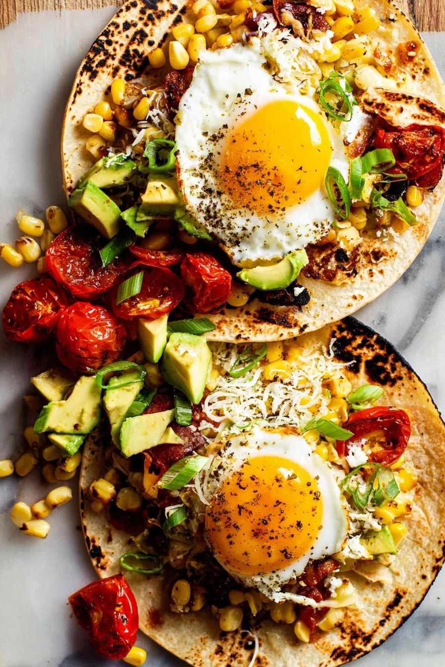 Miso Butter Corn with Bacon and Green Onion, flavorful corn side dish, easy corn recipes, savory butter corn, bacon corn side dish - Two soft, slightly charred tortillas are filled with layers of colorful ingredients. The bottom layer is a mix of grilled corn kernels and small green onion pieces, adding a yellow and green base. Roasted cherry tomatoes, bright red and slightly wrinkled, sit on top along with vibrant green avocado chunks. On the top tortilla, a sunny yellow fried egg with a runny yolk is placed above a small amount of white shredded cheese, sprinkled lightly with black pepper. The tortillas are arranged on a white marbled surface, with some of the corn and green onions scattered around. Photo taken with an iphone --ar 2:3 --v 7