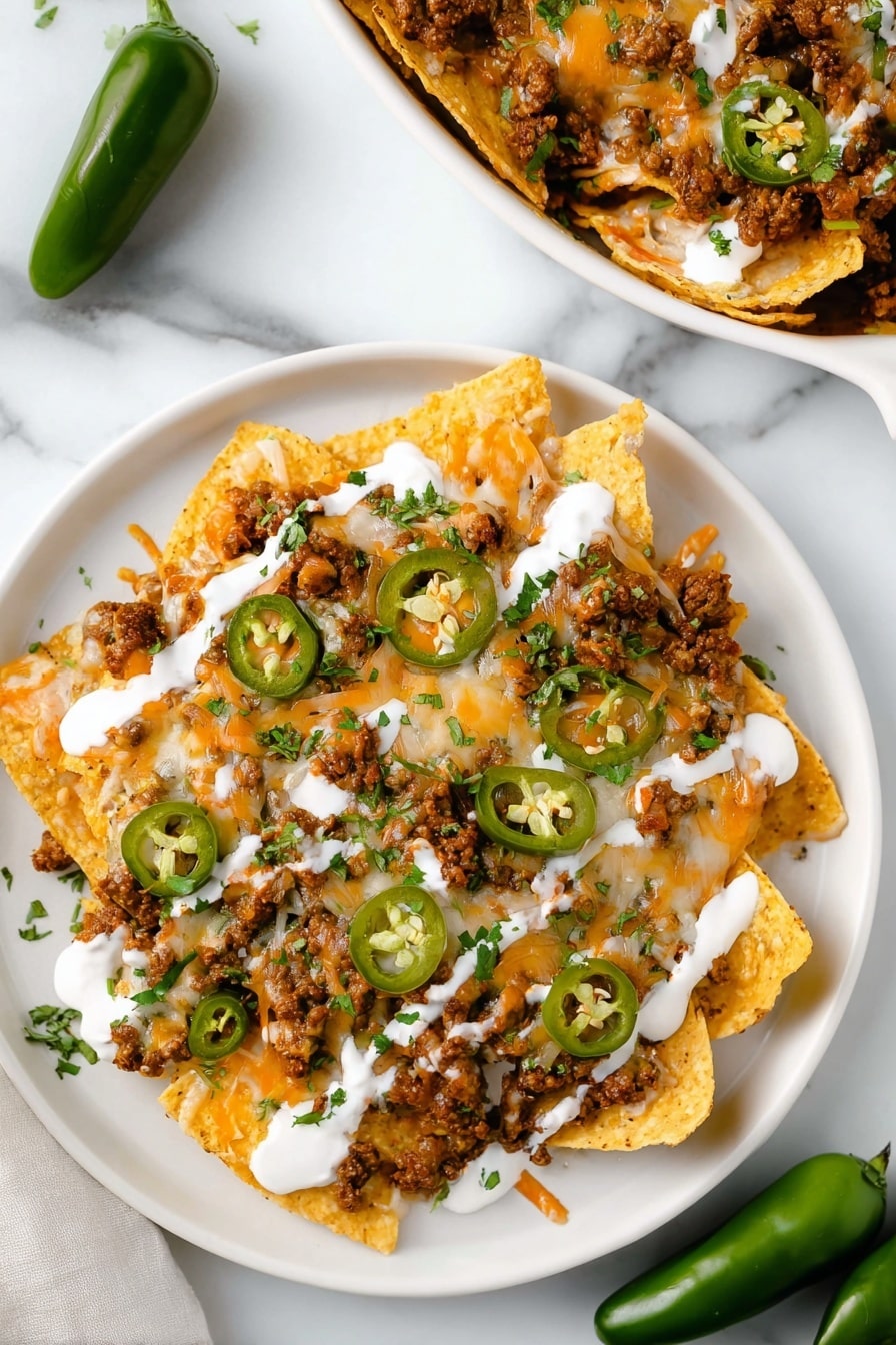 Ground Beef Nachos, cheesy beef nachos, spicy beef nachos, easy nachos recipe, party snack recipes - A white plate is filled with two layers of yellow tortilla chips at the base, topped with a generous layer of browned ground meat mixed with melted orange and white cheese, scattered green jalapeño slices, and small green cilantro leaves. The dish is drizzled with white sour cream in thin stripes over the top, creating a creamy texture contrast. The scene is set on a white marbled surface, with two fresh green jalapeños placed on the right side. Part of a white oval dish filled with more nachos is visible in the upper left corner. The lighting highlights the melted cheese and fresh colors in the dish. Photo taken with an iphone --ar 2:3 --v 7