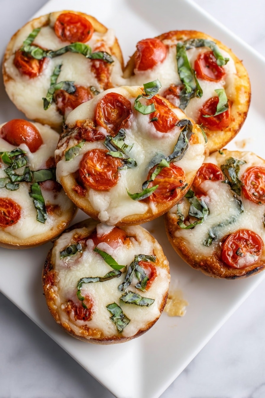 Gorgonzola, Tomato, and Basil Pizzette, easy Gorgonzola pizza bites, quick savory appetizer recipes, homemade mini pizzettes, flavor-packed snack ideas - The image shows six small round mini pizzas arranged closely on a white square plate. Each mini pizza has a golden-brown thick crust base layer. On top of the crust is a layer of melted white cheese that looks soft and slightly browned at the edges. Scattered on the cheese are bright red tomato pieces, and fresh green basil leaves are sprinkled across each mini pizza for color and texture contrast. Some melted cheese drips slightly over the sides of the crust. The plate is on a white marbled surface. photo taken with an iphone --ar 2:3 --v 7
