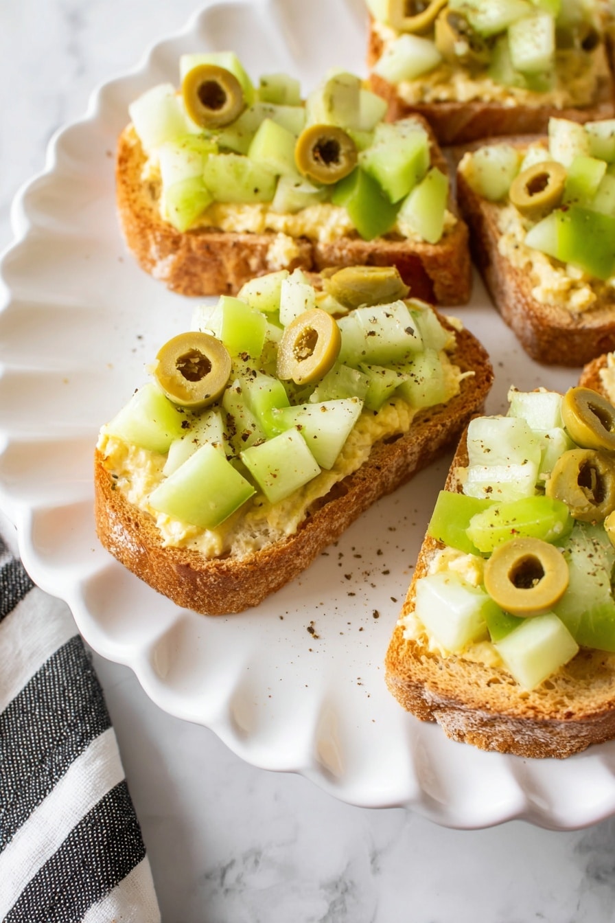 Greek Crostini, Greek Crostini Recipe, Mediterranean Appetizer, Easy Greek Bites, Healthy Crostini Ideas - The image shows several pieces of toasted bread with a thick, golden crust placed on a white scalloped plate. Each toast has three visible layers: the base is the toasted bread with a rough texture and a light brown color, the middle layer is a creamy, light yellow spread, and the top layer consists of diced light green cucumber cubes and sliced green olives with visible pits, sprinkled with small black pepper flakes. The plate is set on a white marbled surface with a striped black and white cloth partially visible in the lower left corner. photo taken with an iphone --ar 2:3 --v 7