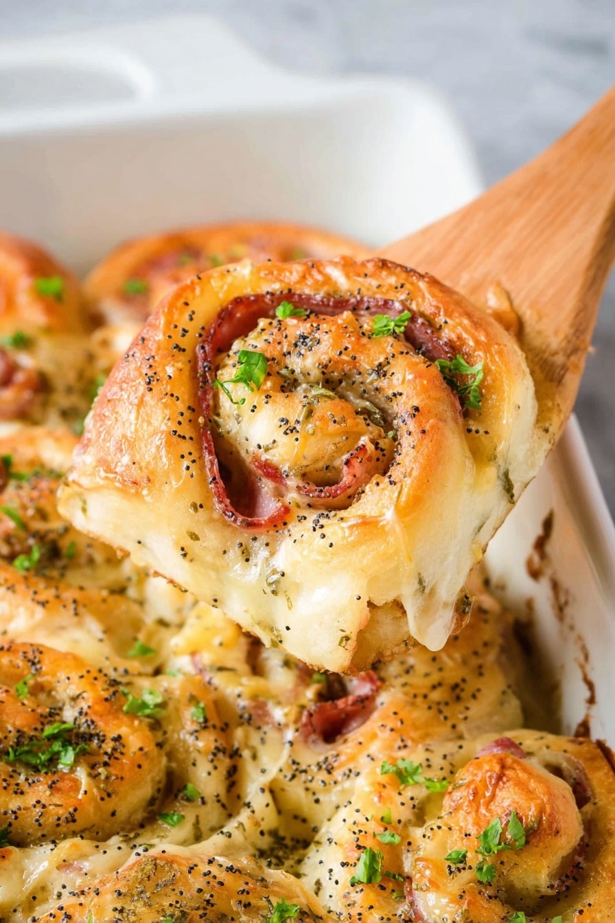Ham and Cheese Pinwheels, savory pinwheels, easy party snacks, quick appetizer recipes, crescent dough pinwheels - This image shows a close-up of a wooden spatula lifting a golden-brown cheesy roll from a white baking dish filled with many similar rolls. Each roll has 3 visible layers: a crispy outer layer of golden dough, a middle layer of melted light yellow cheese, and a thin inner layer of folded reddish meat. The rolls are sprinkled with small black poppy seeds and chopped green herbs on top, adding contrast to the warm tones. The white marbled surface is softly blurred in the background. photo taken with an iphone --ar 2:3 --v 7