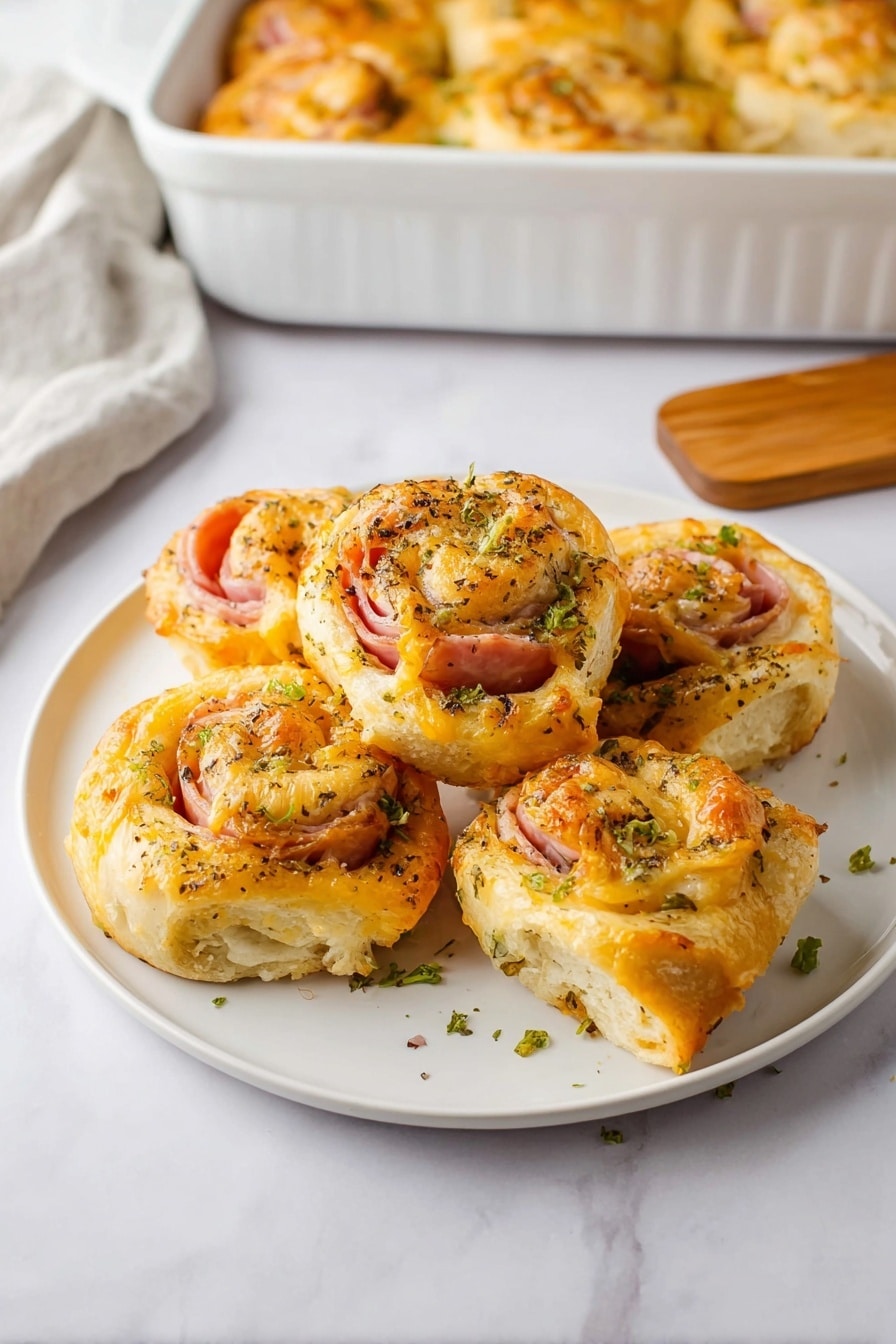 Ham and Cheese Pinwheels, savory pinwheels, easy party snacks, quick appetizer recipes, crescent dough pinwheels - The image shows a white baking dish filled with golden brown savory rolls arranged closely in three rows. Each roll has a spiral shape with layers of light golden dough, melted pale yellow cheese, and pink slices of cured meat inside. The rolls are topped with small black poppy seeds scattered evenly, bright green fresh parsley leaves, and bits of green herb sauce spread across the surface. The edges of the rolls are slightly crispy and toasted, contrasting with the soft interior layers. The white marbled surface is visible around the dish. photo taken with an iphone --ar 2:3 --v 7